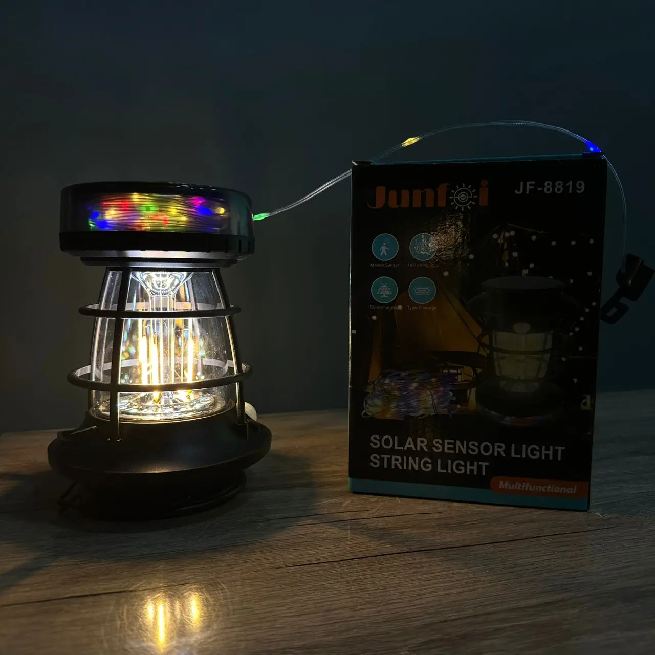 FANOUS LANTERNE CAMPING JUNFOI JF-8819 MULTIFUNCTIONAL LAMPE LED TUNGSTEN ET 10M STRING LIGHT RGB AVEC MOTION SENSOR BATTERY RECHARGEABLE ET PANNEAU SOLAIRE BLACK NOIR